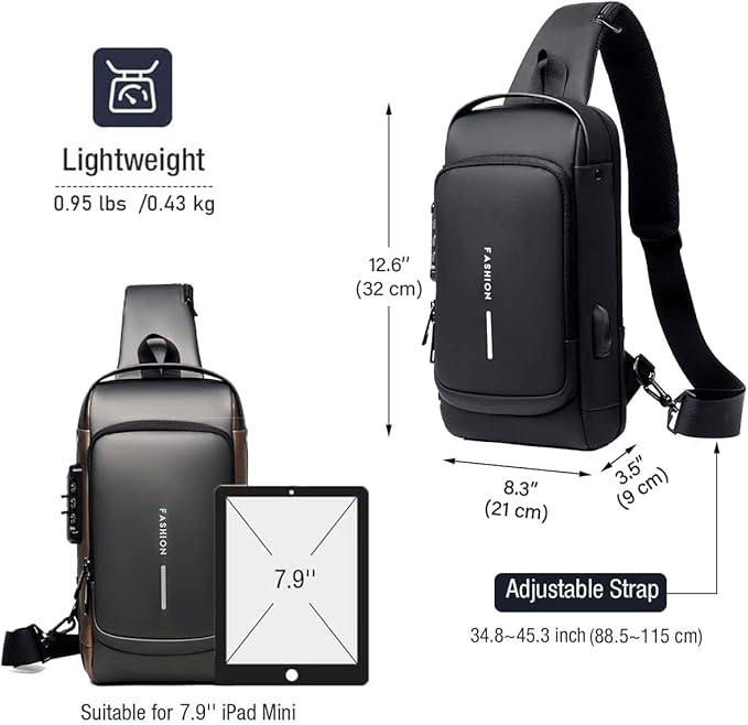 Anti theft Crossbody Sling Bag, Waterproof Chest Daypack with USB Charging, Shoulder Backpack for Men Women