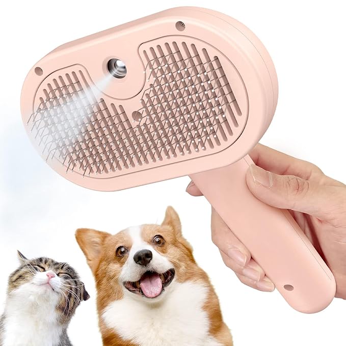 New Steam Cat and Dog Comb | Self-Cleaning Pet Grooming Brush with Mist Spray | Massage Deshedding Comb for Dogs & Cats | Anti-Static, Removes Loose Hair for Long & Short Fur
