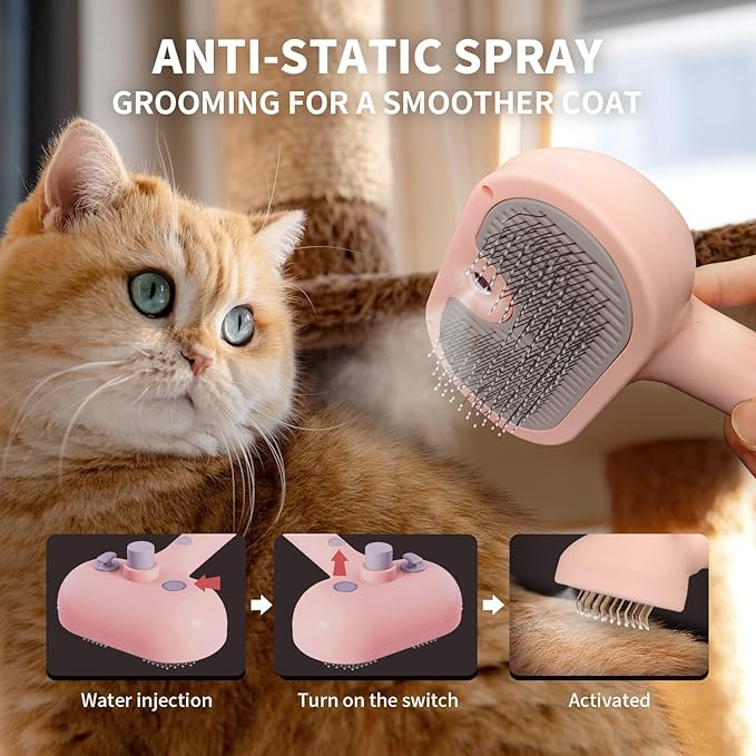 New Steam Cat and Dog Comb | Self-Cleaning Pet Grooming Brush with Mist Spray | Massage Deshedding Comb for Dogs & Cats | Anti-Static, Removes Loose Hair for Long & Short Fur