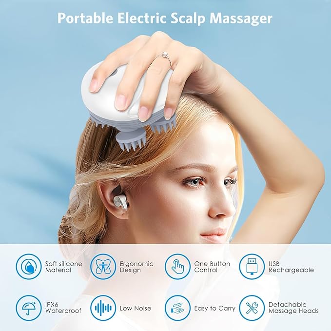 Electric Scalp Massager for Scalp Relaxation Cordless Head Massager 3 Switchable Level Strength USB Rechargeable Head Massager Travel Electric Scalp Massager for Stress Relief, Hair Growth