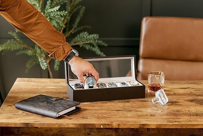 Wrist Watch Storage Box PU Leather Black Display Case Organizer with Glass Window 6 Slot 6 Slot Faux Leather Watch Box Display Case Organizer Glass Jewellery Storage Glass Display And Leather Coated Organizer box with Steel Lock For Men And Women.