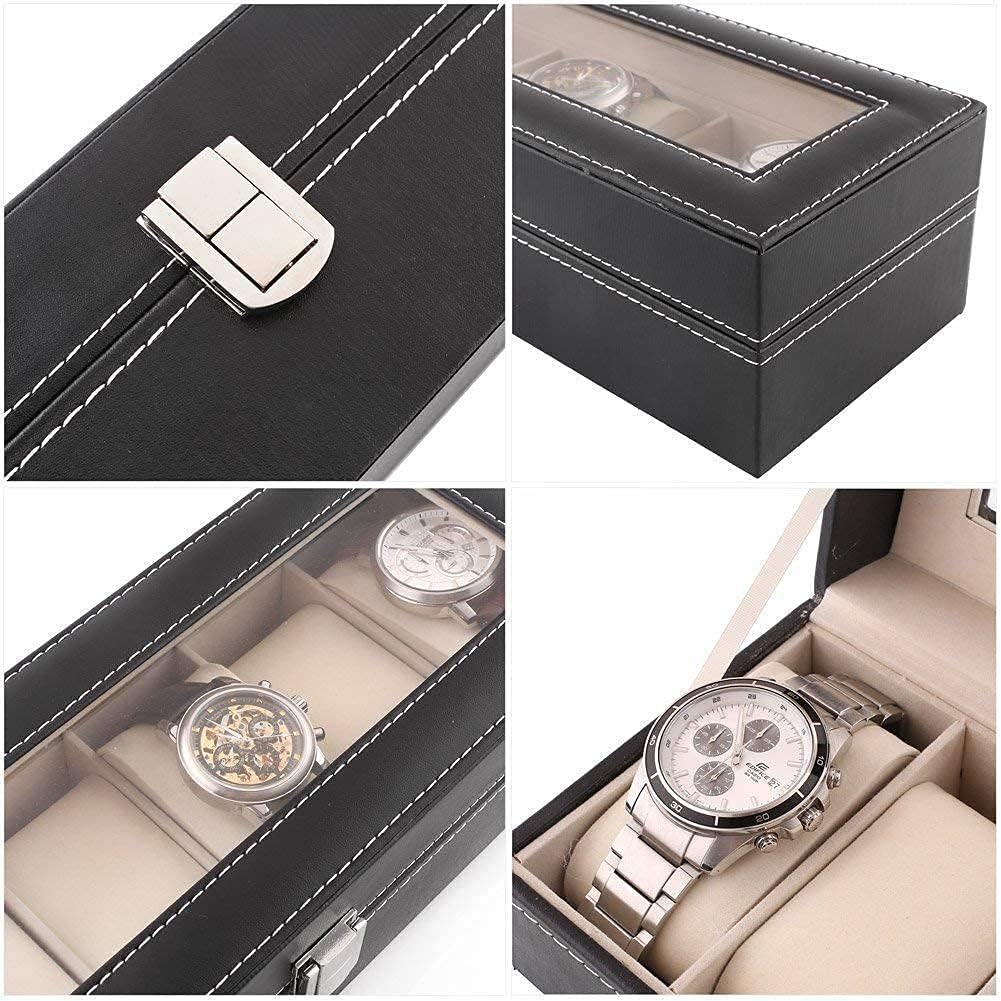 Wrist Watch Storage Box PU Leather Black Display Case Organizer with Glass Window 6 Slot 6 Slot Faux Leather Watch Box Display Case Organizer Glass Jewellery Storage Glass Display And Leather Coated Organizer box with Steel Lock For Men And Women.