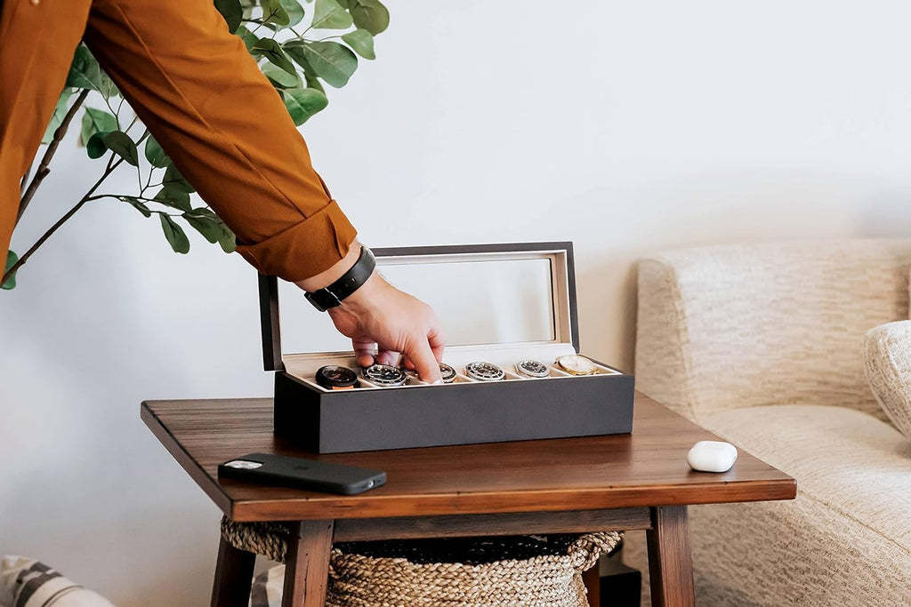 Wrist Watch Storage Box PU Leather Black Display Case Organizer with Glass Window 6 Slot 6 Slot Faux Leather Watch Box Display Case Organizer Glass Jewellery Storage Glass Display And Leather Coated Organizer box with Steel Lock For Men And Women.