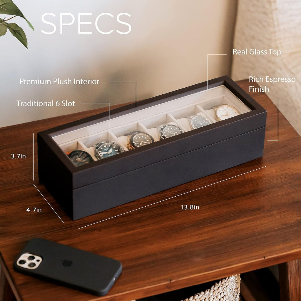 Wrist Watch Storage Box PU Leather Black Display Case Organizer with Glass Window 6 Slot 6 Slot Faux Leather Watch Box Display Case Organizer Glass Jewellery Storage Glass Display And Leather Coated Organizer box with Steel Lock For Men And Women.